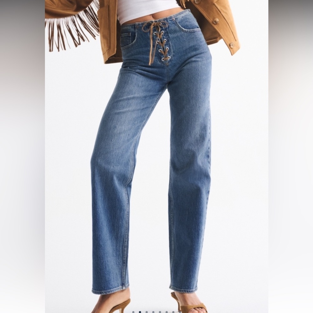 Abercrombie & Fitch High-Rise Lace-Up Straight Jeans in Medium Blue